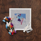 Snow Skier Needlepoint Kit on a wood table at Addison West