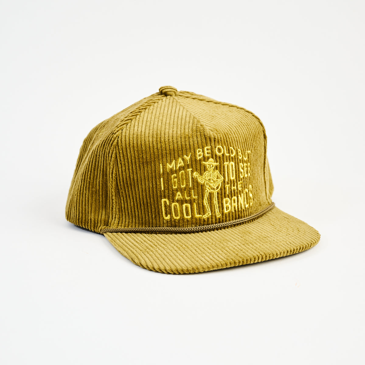 Cool Bands Trucker Hat in Olive on a white background at Addison West