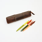 Leather Pencil Case in Dark Brown on a white background at Addison West