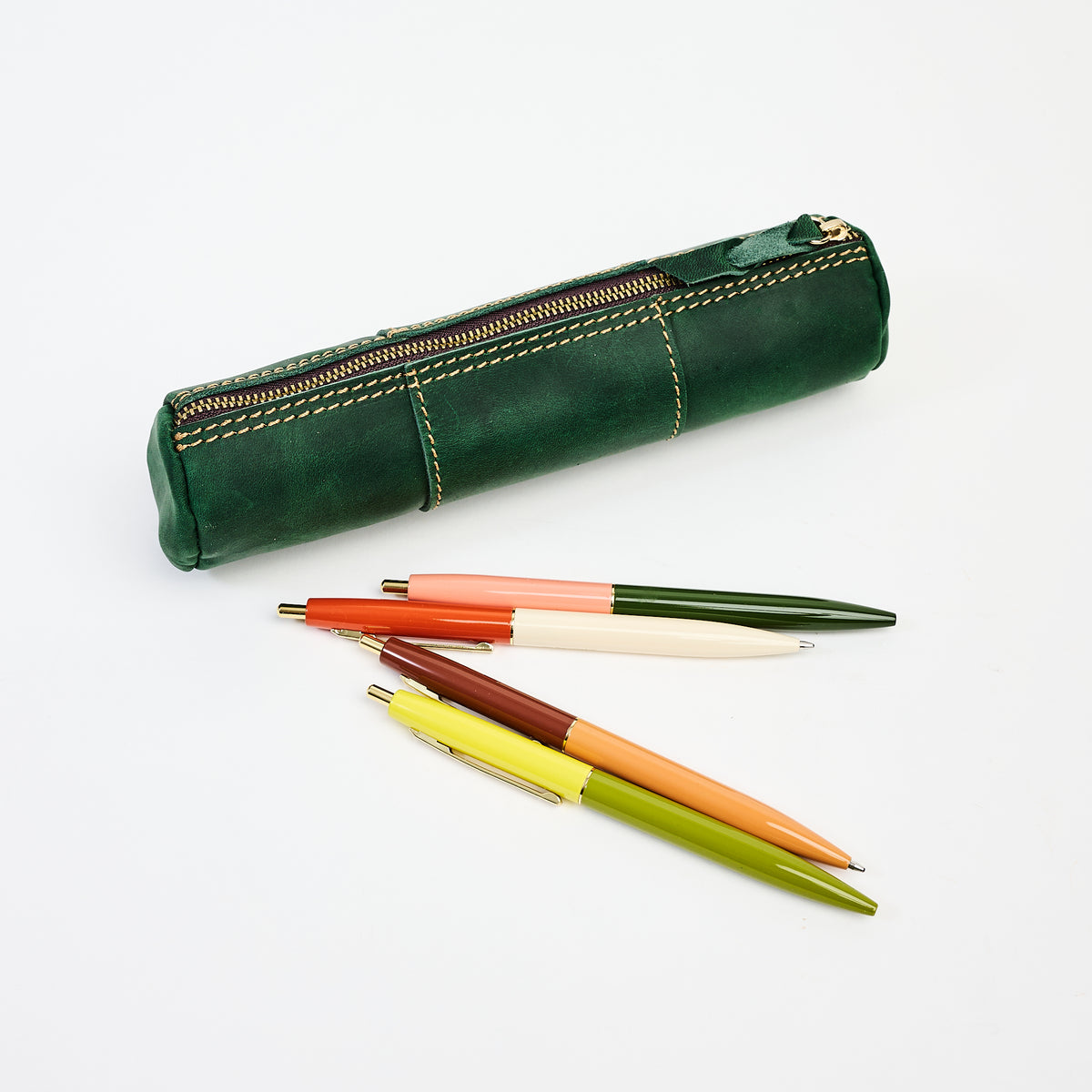Leather Pencil Case in Green on a white background at Addison West