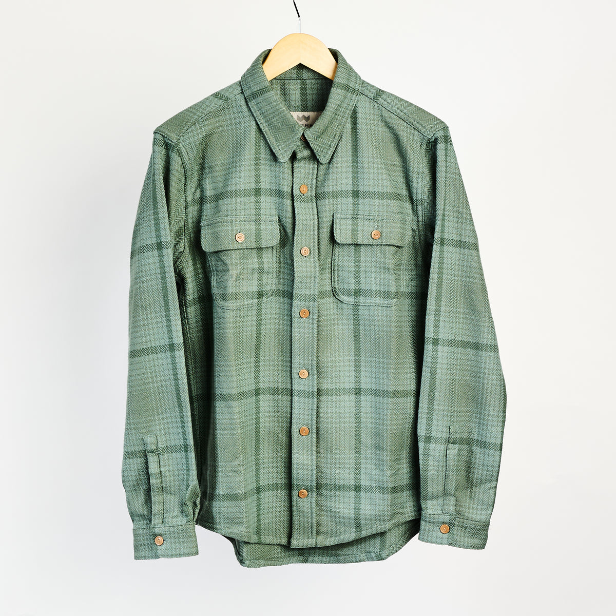 Warren Six Season Flannel in Lichen on a white background at Addison West