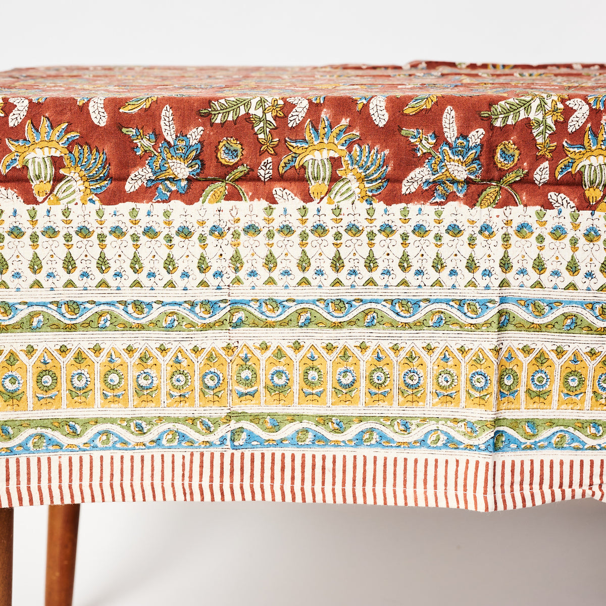 Bohemian Block Print Tablecloth, 70" x 126" on a white background at Addison West