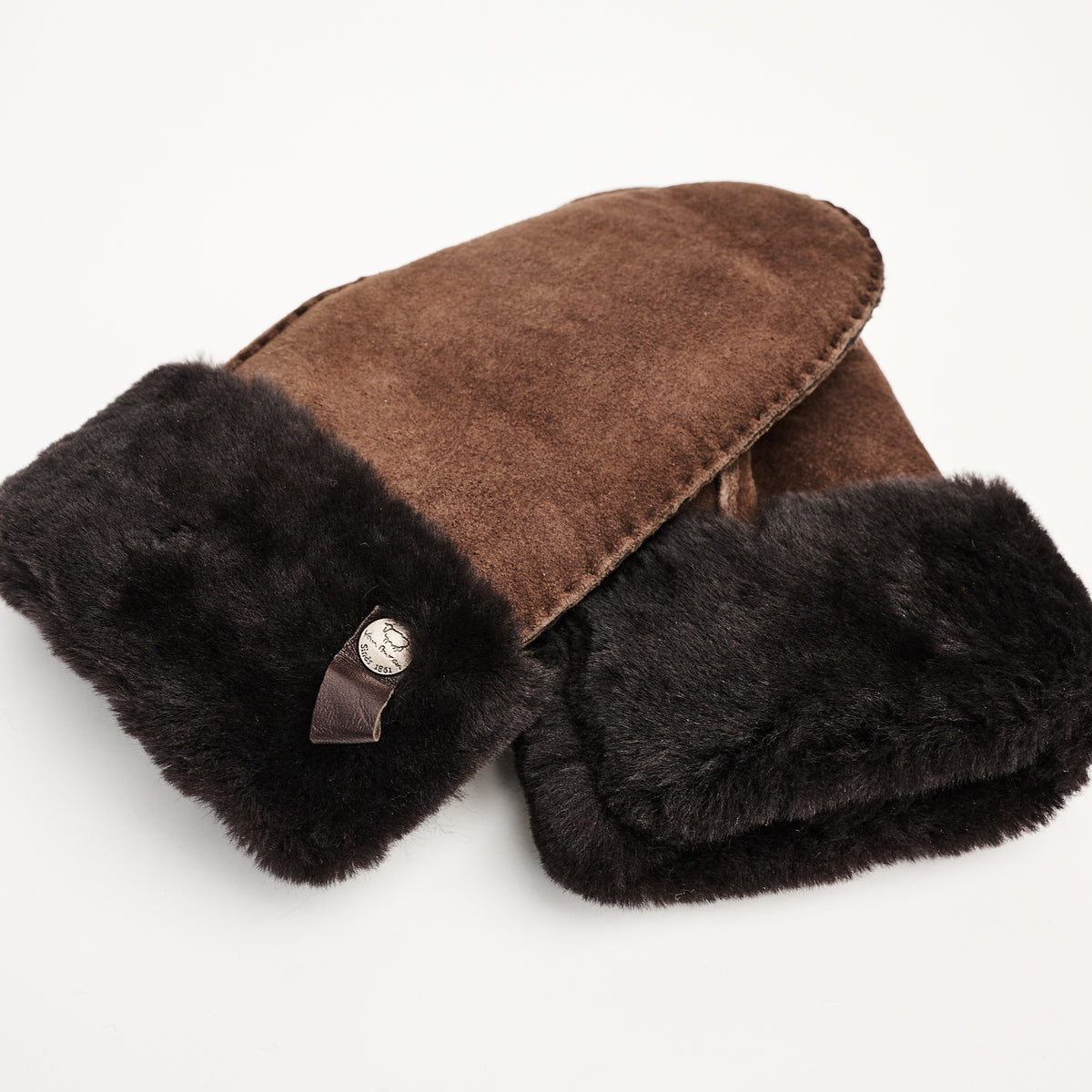 Medium Dark Brown Sheepskin Mittens on a white background at Addison West
