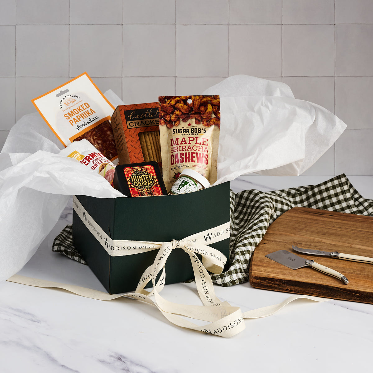Addison West Charcuterie Gift Box on a kitchen counter at Addison West