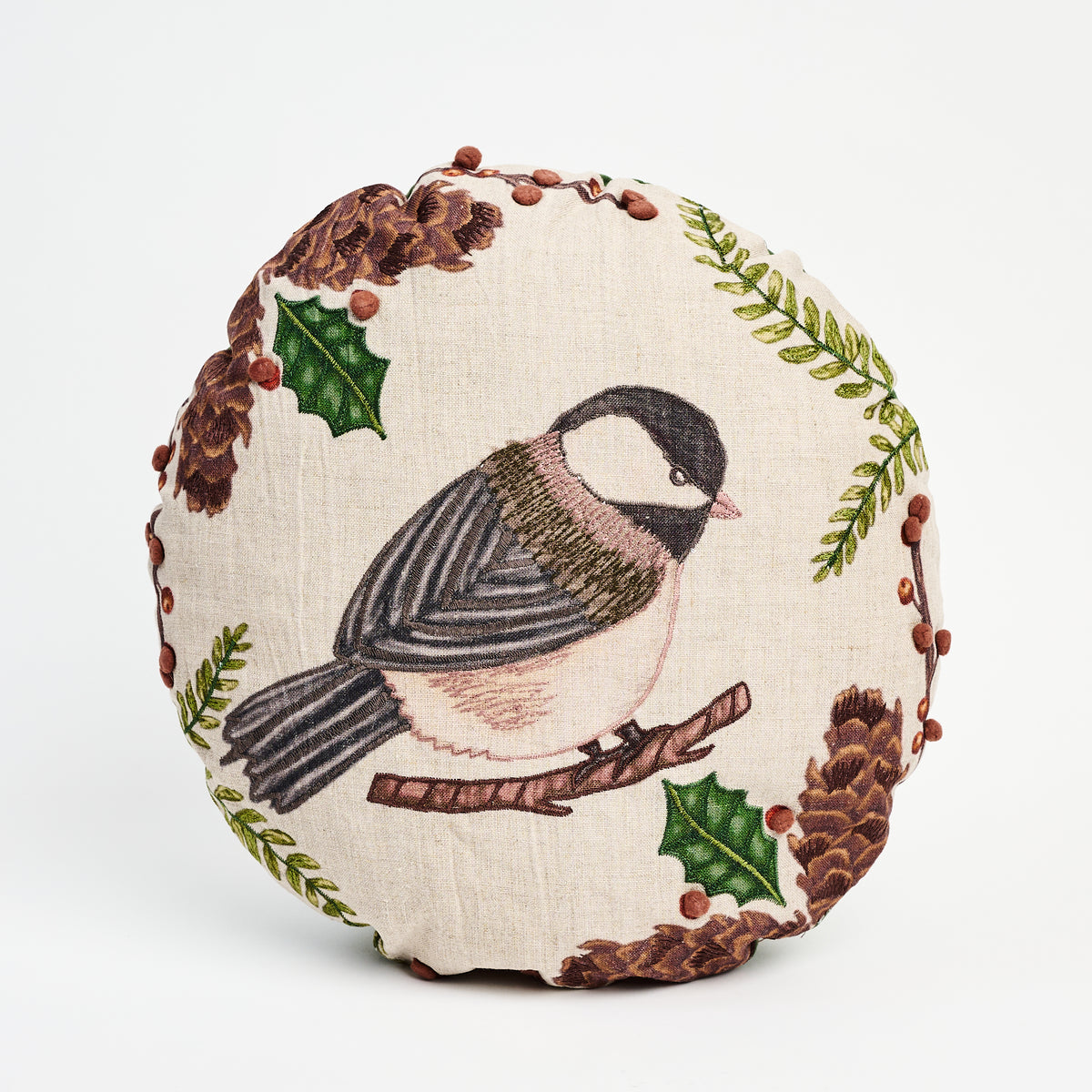 Chickadee Throw Pillow on a white background at Addison West