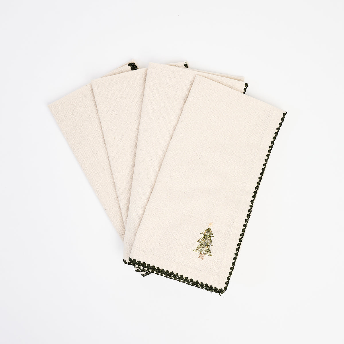 Festive Tree Embroidered Napkins, Set of 4 in a white background at Addison West