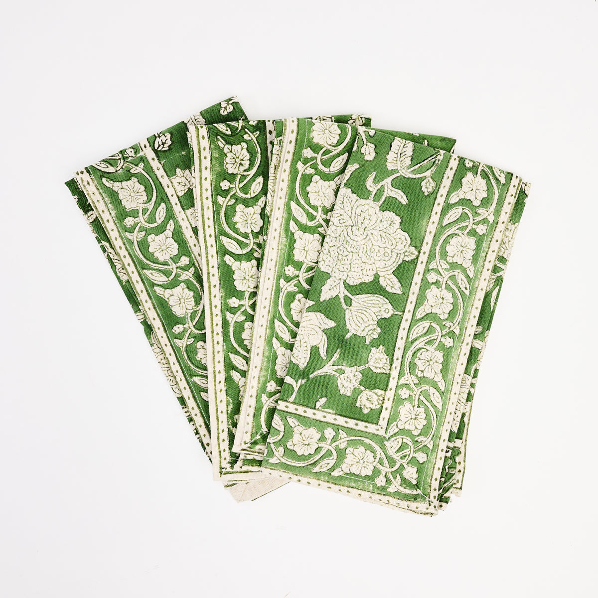 Green Floral Block Print Napkins, Set of 4 on a white background at Addison West