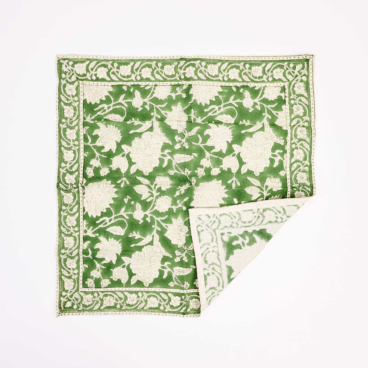 Green Floral Block Print Napkins, Set of 4 on a white background at Addison West