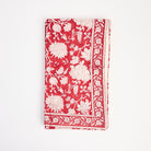Red Floral Block Print Tablecloth, 70" x 126" on a white background at Addison West