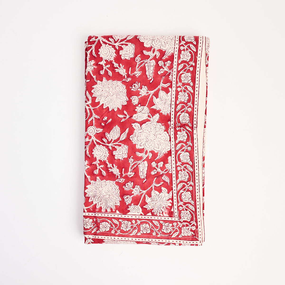 Red Floral Block Print Tablecloth, 70" x 126" on a white background at Addison West