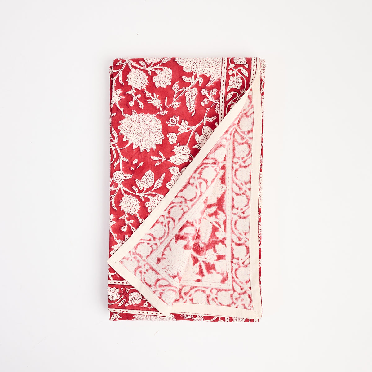 Red Floral Block Print Tablecloth, 70" x 126" on a white background at Addison West