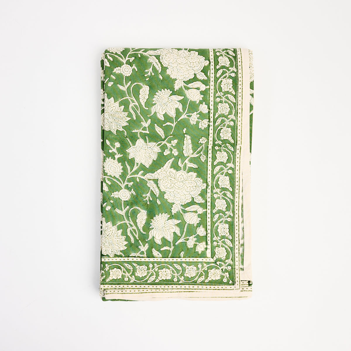 Green Floral Block Print Tablecloth, 70" x 126" on a white background at Addison West