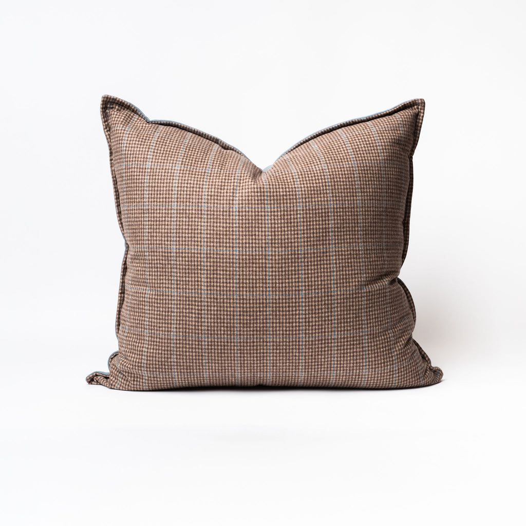 Zegna Brown Blue Plaid Pillow custom couture pillow on a white background