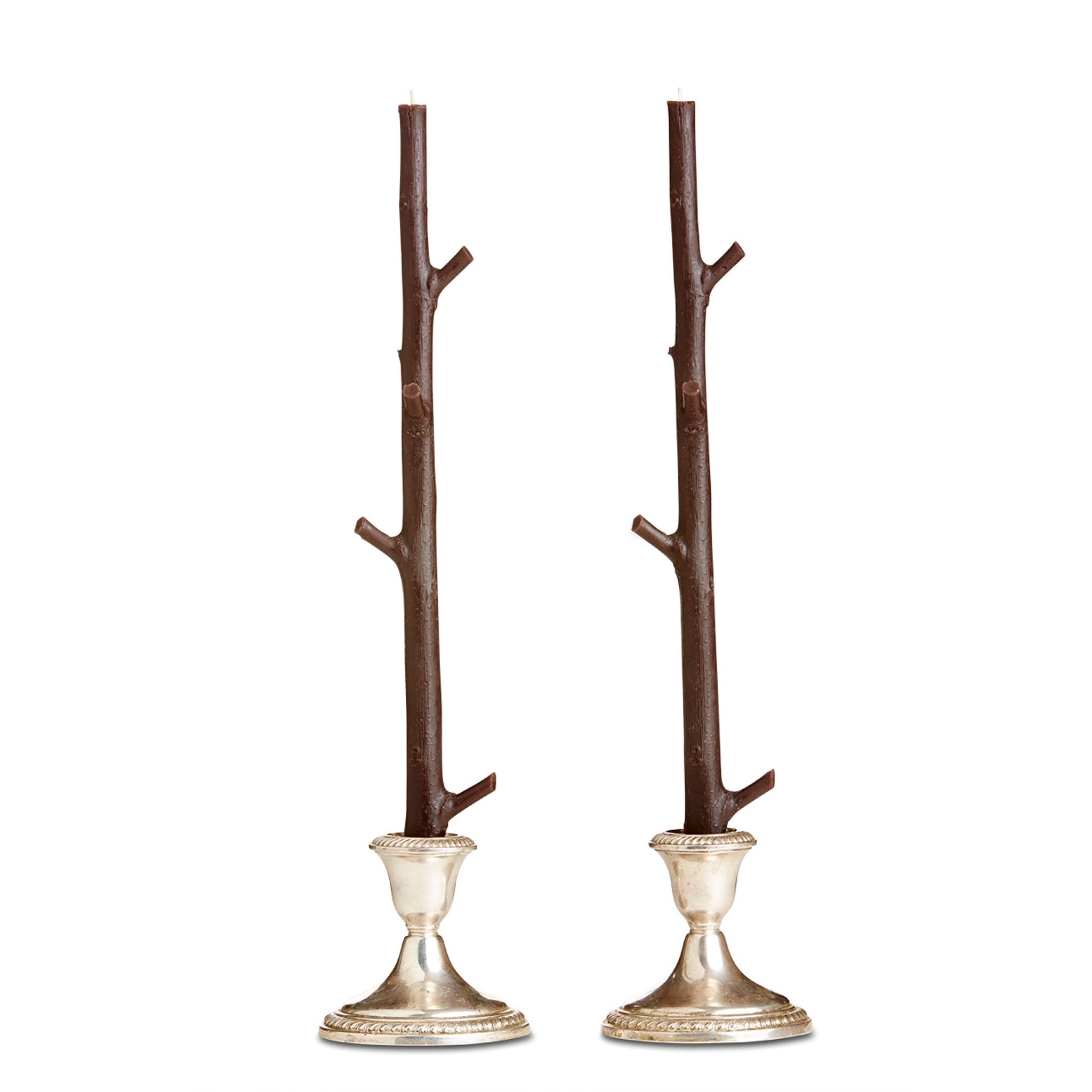 Maple Stick Candle Pair in dark chocolate brown in silver candleholders on a white background