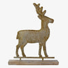 Metal deer weathervane statue on a sold wood base on a white background