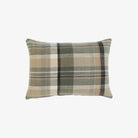 A rectangular plaid throw pillow in beige, brown, and gray tones.