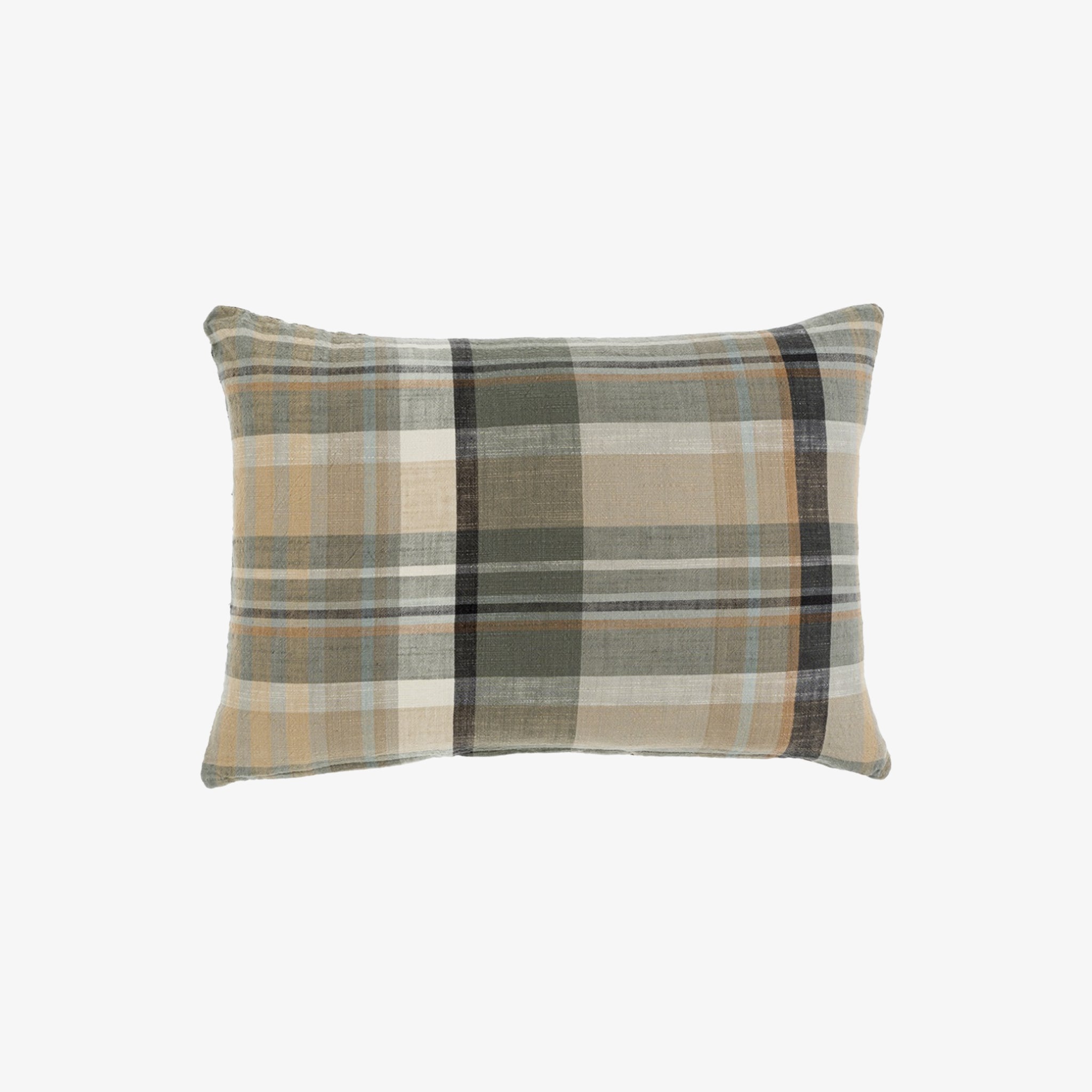 A rectangular plaid throw pillow in beige, brown, and gray tones.