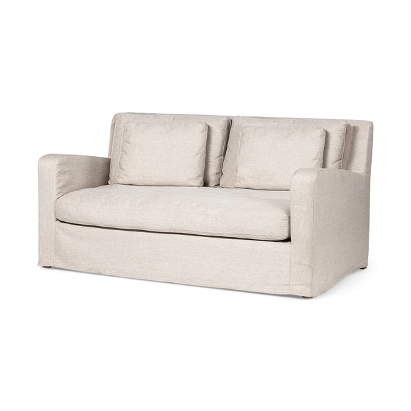 Sandy Beige Slipcovered Love seat size Sofa on a white background