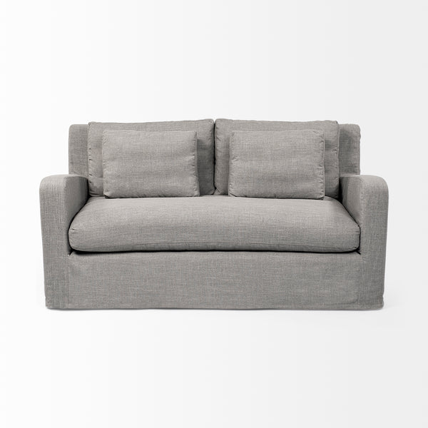 Dark Gray Slipcovered Love seat size Sofa on a white background