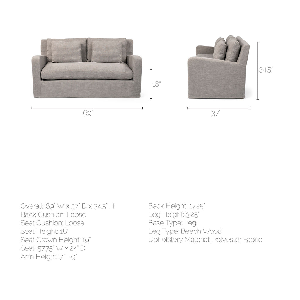 Photos with dimensions of Denly I 69 X 38.25 X 34.5 Flint Gray Slipcover Two Seater Sofa on a white background