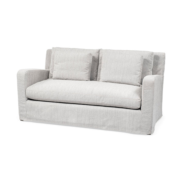Gray Slipcovered Love seat size Sofa on a white background
