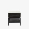Square end table with black iron base, wood shelf and drawer and marble top on a white background