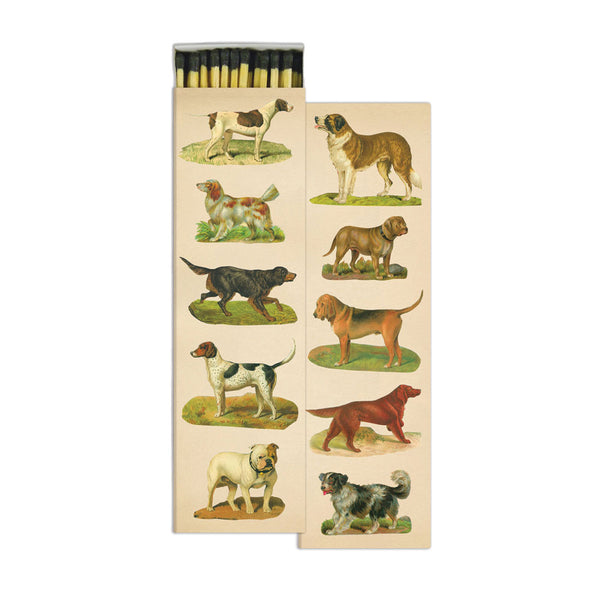 Beige match box with illustration of various breeds of dogs on a white background