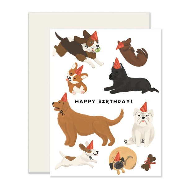 Illustrated Dogs Birthday Greeting Card on a white background
