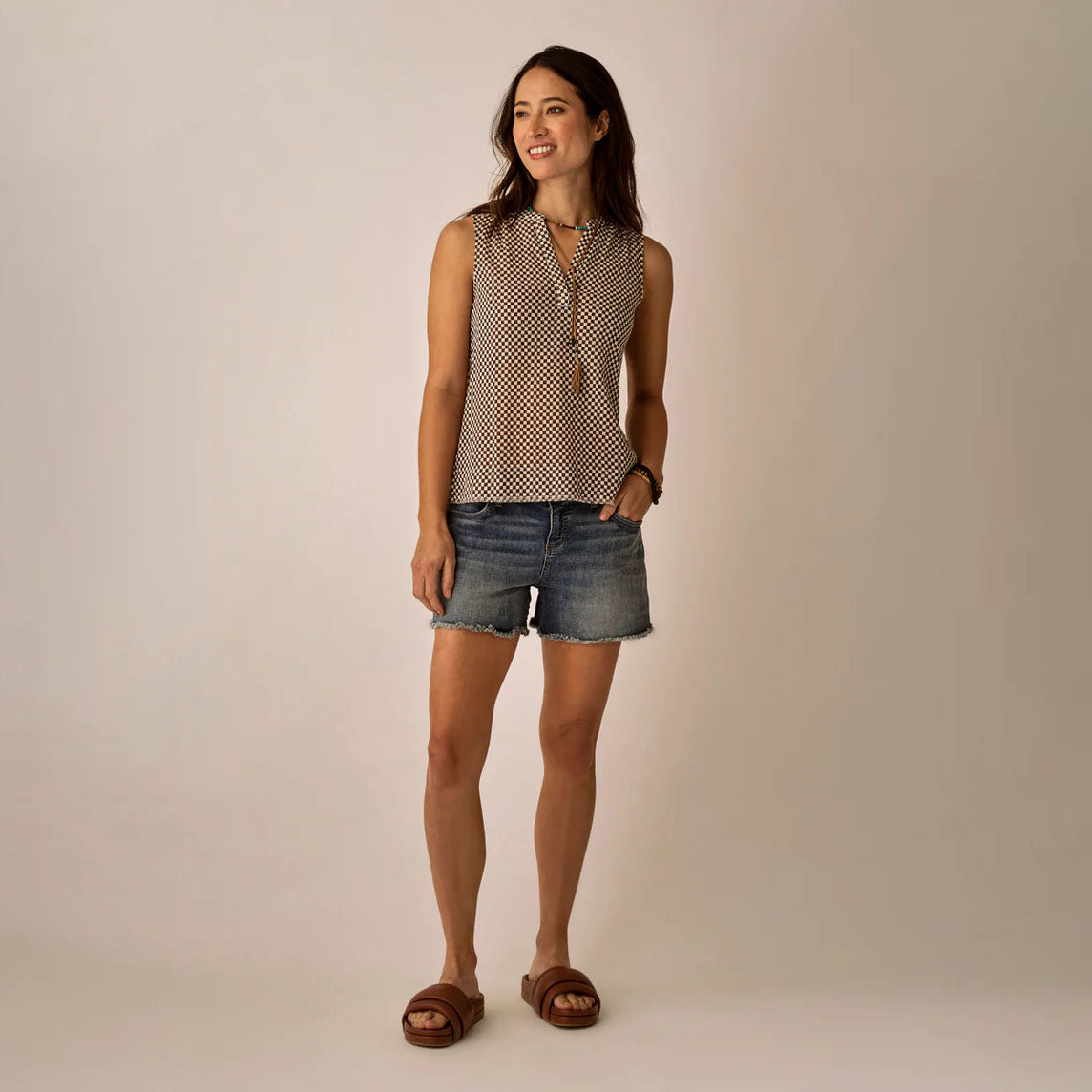 Dylan Tank in Coco Check shown on model on plain background.