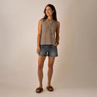 Dylan Tank in Coco Check shown on model on plain background.