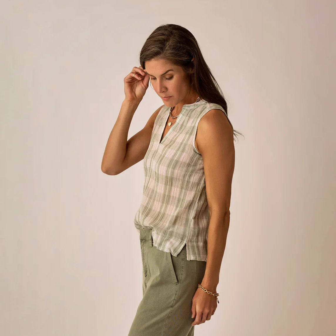 Dylan Tank in Fatigue Multiplaid shown on model on plain background.