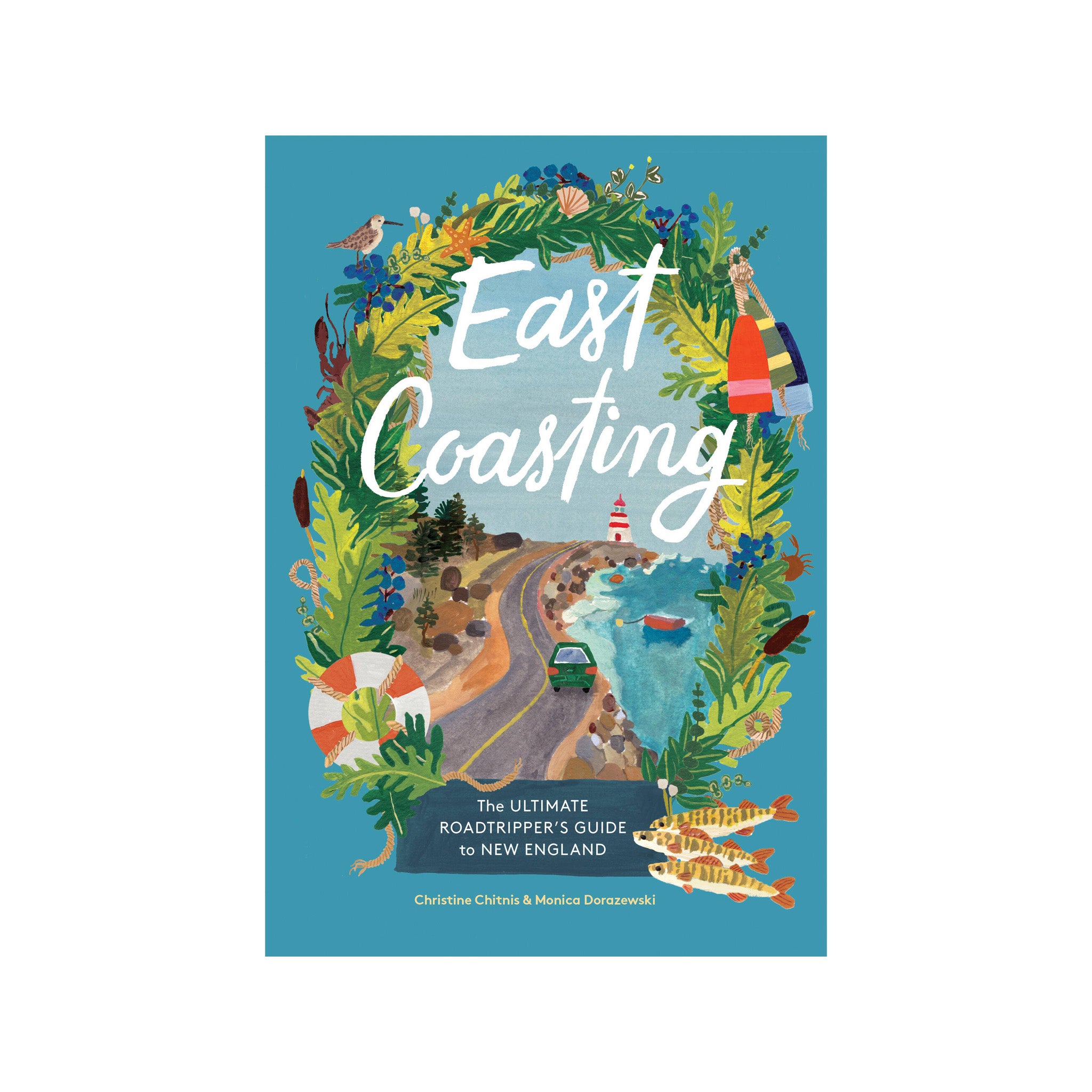 Book cover of 'East Coasting' with a road, sea, and nature elements on a blue background