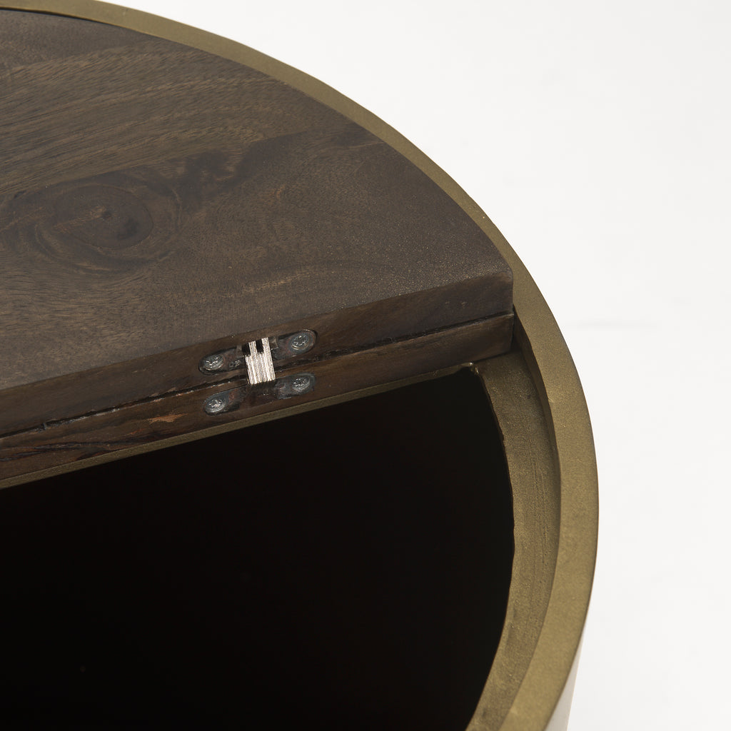 Eclipse Gold Metal Drum Base with Dark Brown Wood Top End/Side Table with lid open on white background