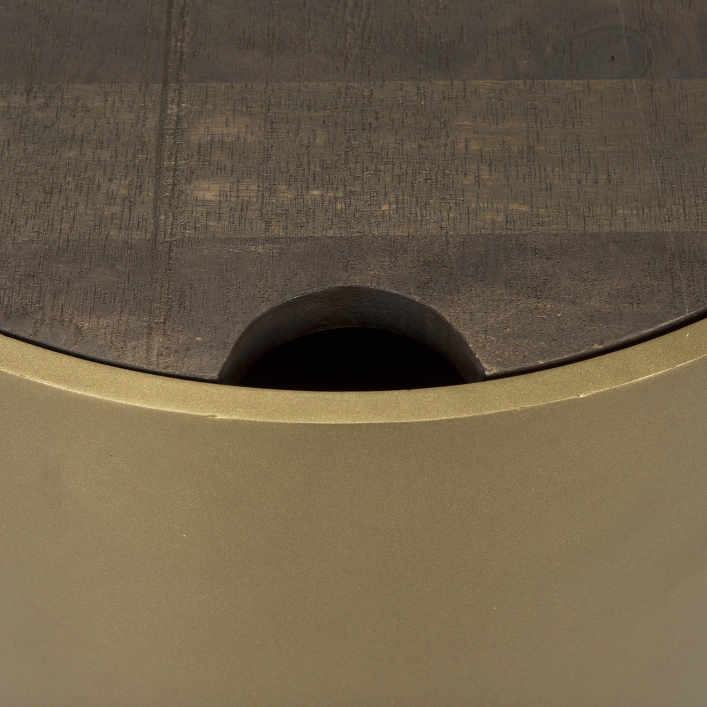 Close up of Eclipse Gold Metal Drum Base with Dark Brown Wood Top End/Side Table