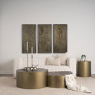 Eclipse Gold Metal Drum Base with Dark Brown Wood Top End/Side Table in a living room