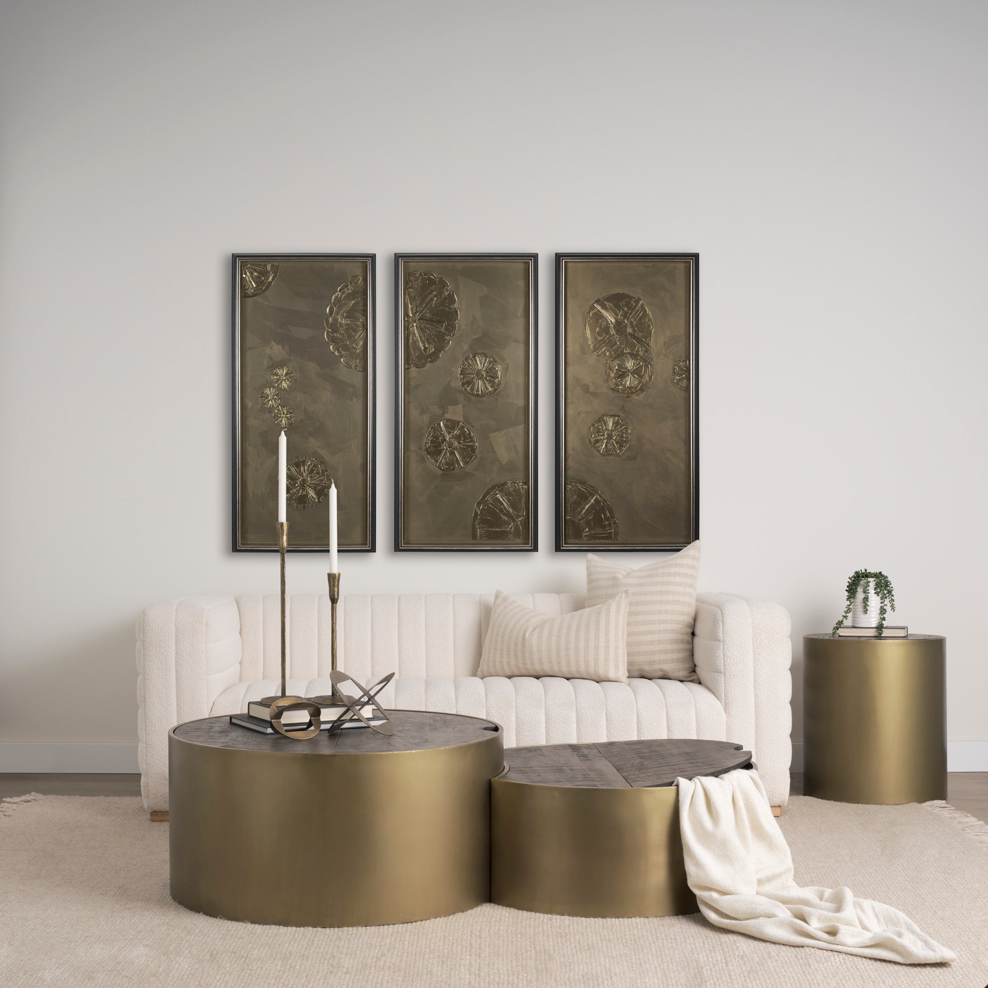 Eclipse Gold Metal Drum Base with Dark Brown Wood Top End/Side Table in a living room