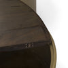 Close up of Eclipse Gold Metal Drum Base with Dark Brown Wood Top Nested Coffee Table on a white background