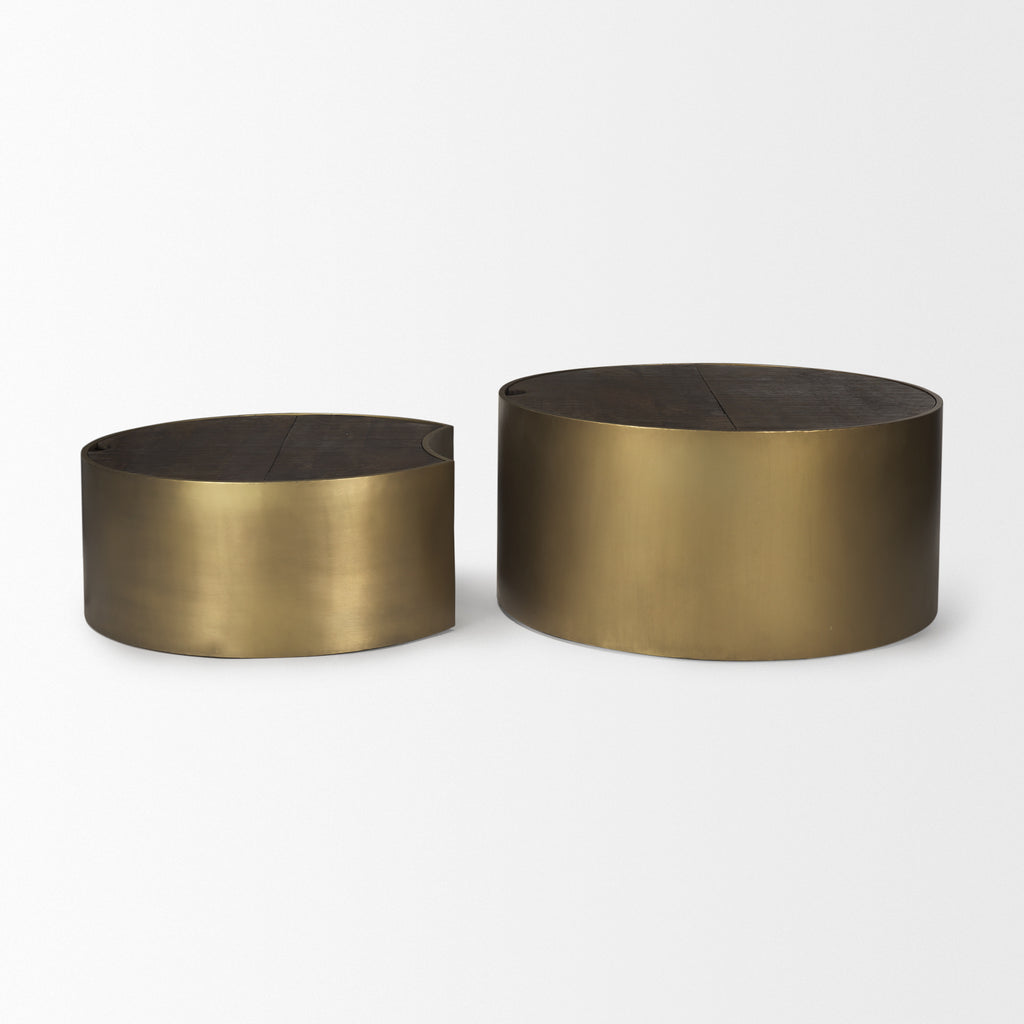 Eclipse Gold Metal Drum Base with Dark Brown Wood Top Nested Coffee Table on a white background