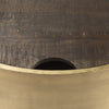Close up of Eclipse Gold Metal Drum Base with Dark Brown Wood Top Nested Coffee Table on a white background