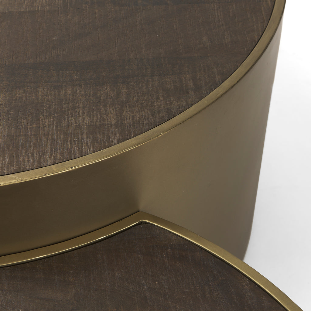 Eclipse Gold Metal Drum Base with Dark Brown Wood Top Nested Coffee Table on a white background