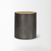 Eclipse Gunmetal Gray metal iron Drum Base with mango Wood Top End Side Table on a white background