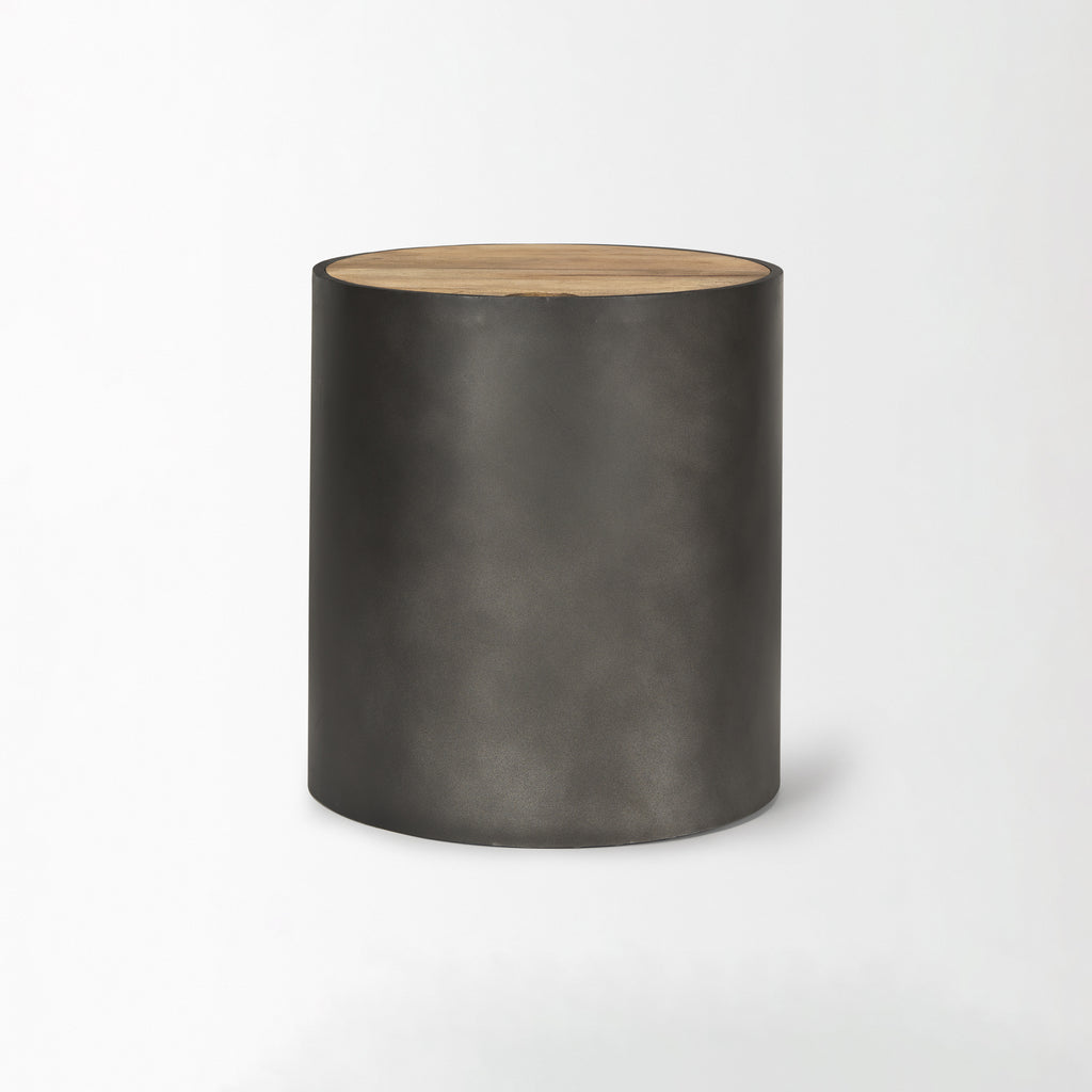Eclipse Gunmetal Gray metal iron Drum Base with mango Wood Top End Side Table on a white background