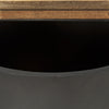 Close up of Eclipse Gunmetal Gray metal iron Drum Base with mango Wood Top storage open End Side Table 