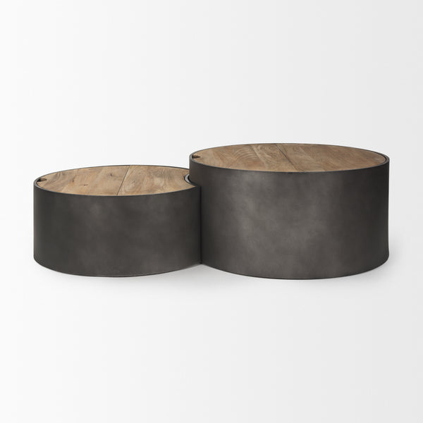 Pair of Eclipse Gunmetal Gray Drum Base with Brown Wood Top Nested Coffee Tables on a white background