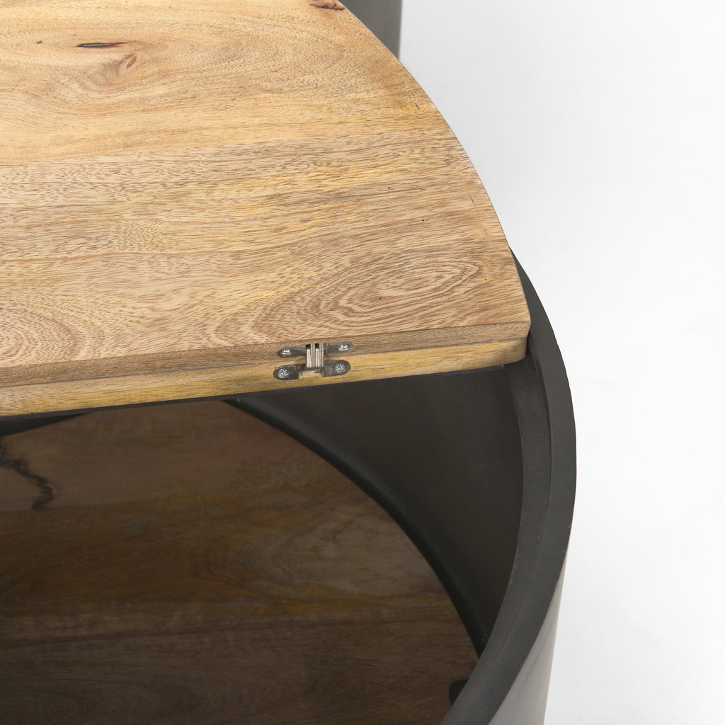 Close up of wood top opened lid storage and gunmetal sides of drum nesting coffee tables.