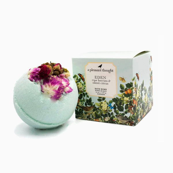 Eden Bath Bomb and box by a pleasant thought brand on a white background