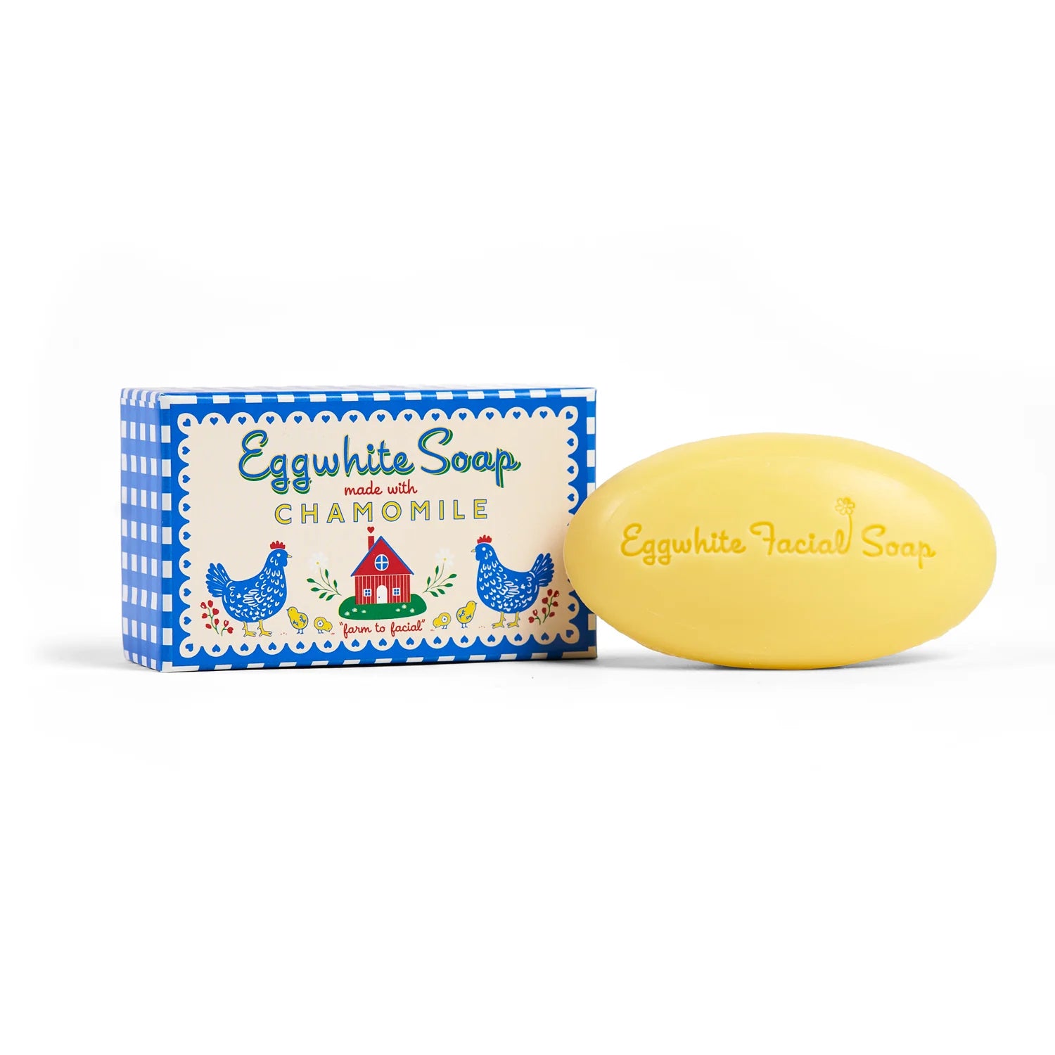 Kalastyle eggwhite and chamomile facial soap in a blue gingham box on a white background