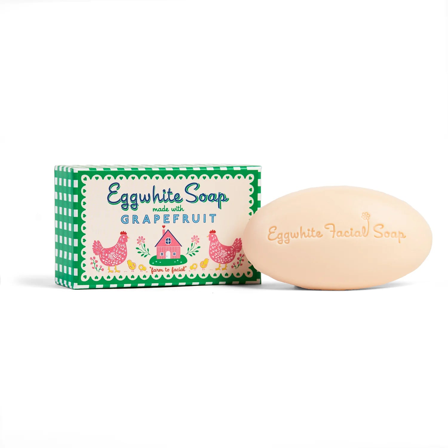 Eggwhite soap bar with packaging on a white background