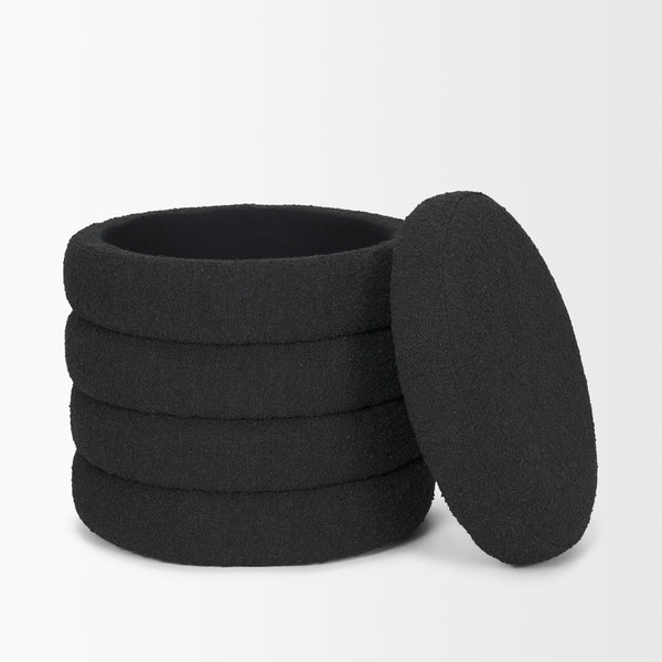 Elise Round Black Boucle Upholstered Storage Ottoman with removable lid and interior storage on a white background