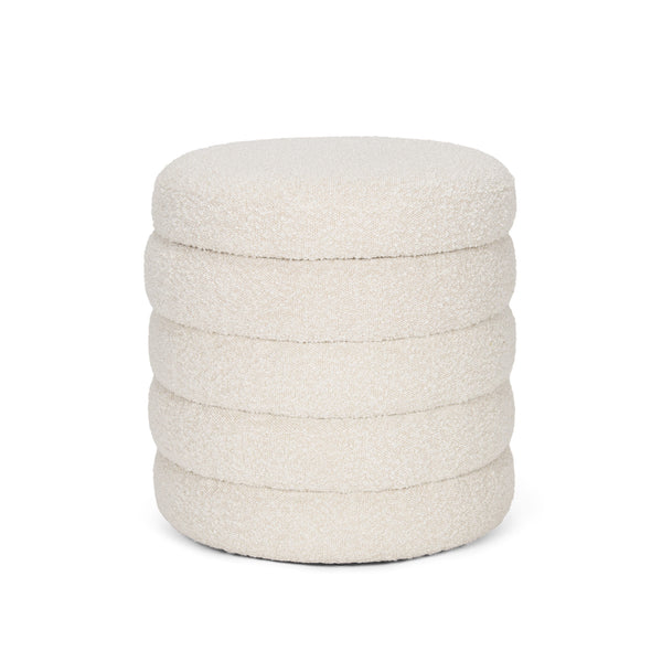 Elise Round Cream Boucle Upholstered Storage Ottoman with removable lid and interior storage on a white background